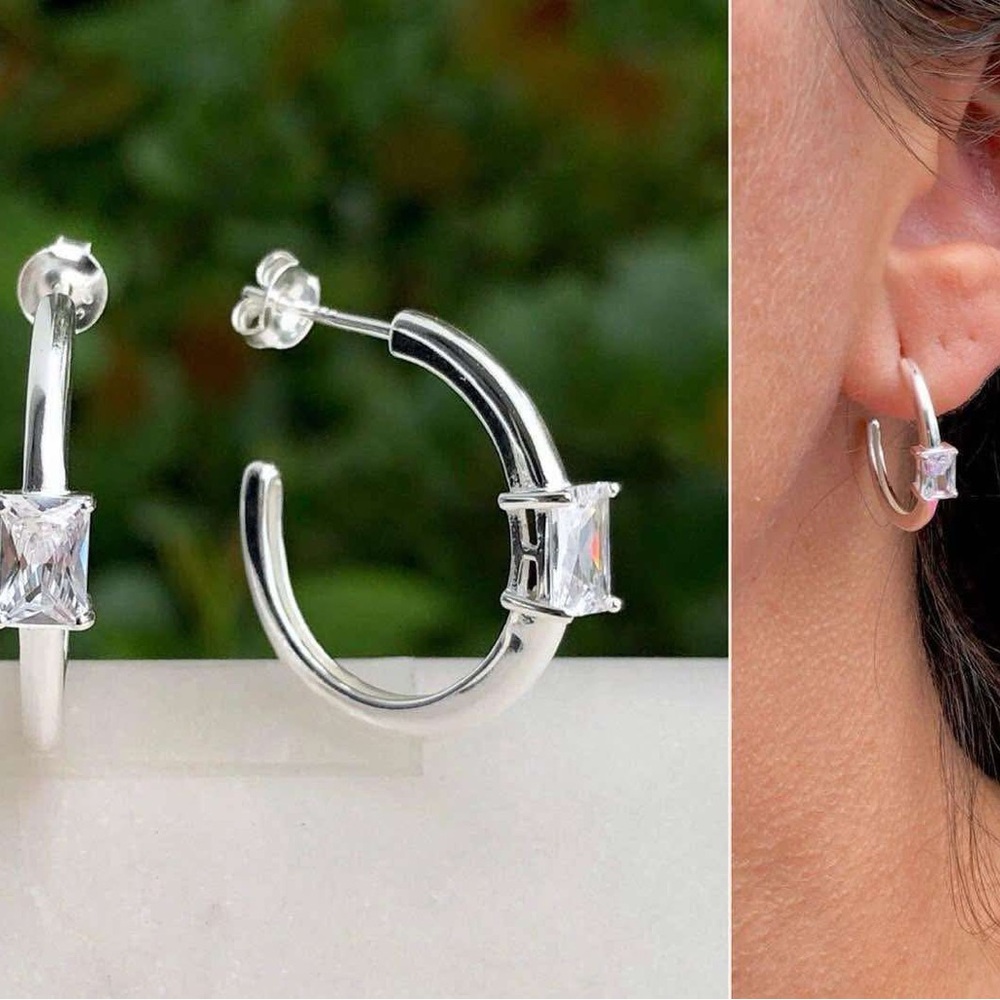 Contemporary Silver Geometric Hoop Earrings with Sparkling Stones